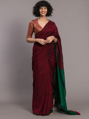 SLAGHA Solid/Plain, Self Design, Color Block Bollywood Handloom Cotton Blend Saree(Red, Green)