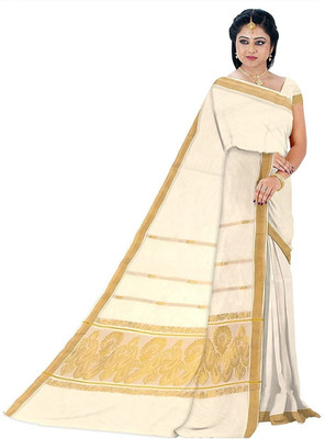 Meraru Self Design Bollywood Pure Cotton Saree(White)