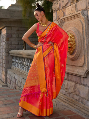 Sareemall Woven Banarasi Silk Blend Saree(Orange)