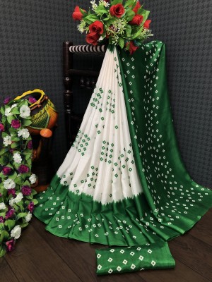 Kavya Creation Printed Bandhani Silk Blend, Pure Silk Saree(White)