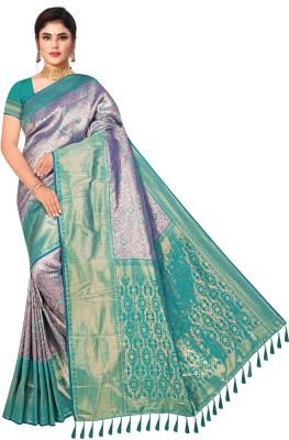 Triyom Fashion Self Design Kanjivaram Silk Blend Saree(Green)