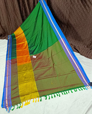 HouseOfCommon Striped Handloom Cotton Blend Saree(Green)