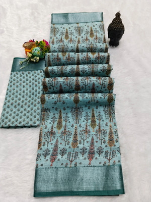 HangerStories Printed Kanjivaram Linen, Cotton Linen Saree(Light Blue)
