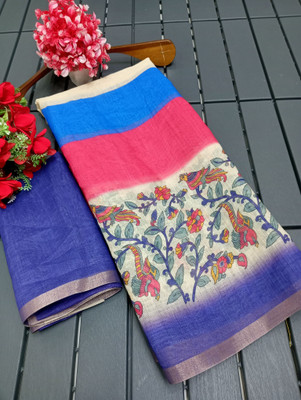 HangerStories Printed Kanjivaram Linen, Cotton Linen Saree(Blue)