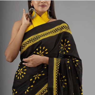 AARTI FASHION Printed, Blocked Printed, Floral Print Daily Wear Pure Cotton Saree(Yellow, Black)