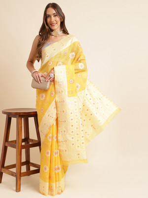 VredeVogel Woven Banarasi Linen Saree(Yellow)