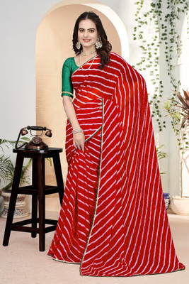 Qyra Printed Leheria Georgette Saree(Red)