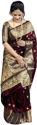 LEAFSY Woven Banarasi Jacquard Saree(Maroon)