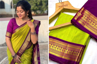 Bloviate Solid/Plain Banarasi Silk Blend, Cotton Blend Saree(Green, Purple)