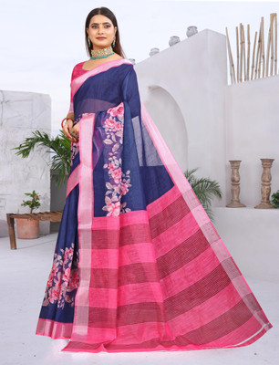 PRTRENDZ Printed Kanjivaram Pure Cotton, Cotton Linen Saree(Dark Blue, Pink)