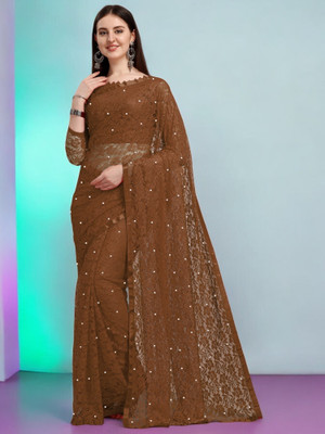 Nexxafashions Self Design Bollywood Net Saree(Brown)