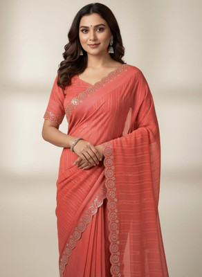 ShreeVastra Striped, Woven, Embellished, Floral Print Bollywood Georgette Saree(Multicolor)