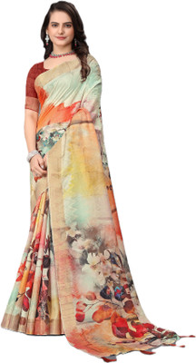 SHRIMAY Floral Print Bollywood Jute Silk Saree(Multicolor)