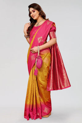 Soor Panchi Woven Banarasi Pure Silk Saree(Yellow, Pink)