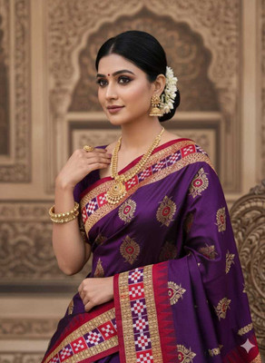 Tilfelle Woven, Temple Border Sambalpuri Silk Blend Saree(Purple)
