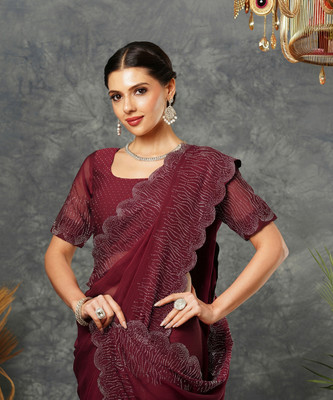 Satrani Embellished, Dyed Bollywood Georgette Saree(Maroon, Silver)