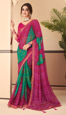 JustEthnic Printed Bandhani Chiffon Saree(Green)
