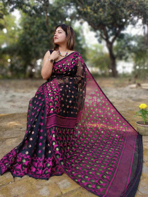 HouseOfCommon Woven Jamdani Cotton Silk Saree(Black)