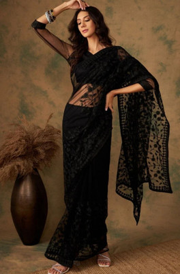 NIYANTAKSH Embroidered, Floral Print, Woven, Embellished Bollywood Net Saree(Black)