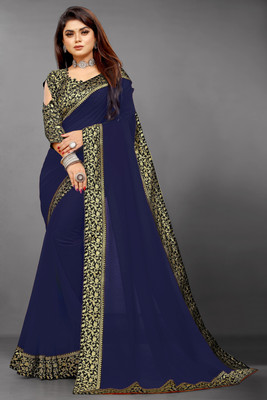 Georgette Saree Solid/Plain Jamdani Georgette, Crepe Saree(Dark Blue)