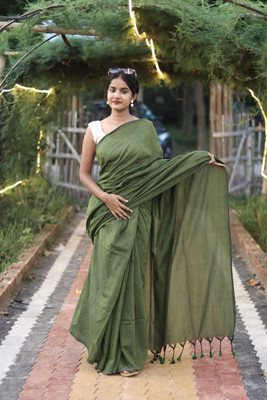 BongAp Temple Border, Woven Handloom Cotton Blend Saree(Green)