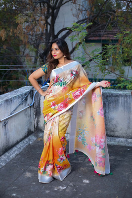 SEIKETSU Floral Print Bollywood Linen Saree(Orange)