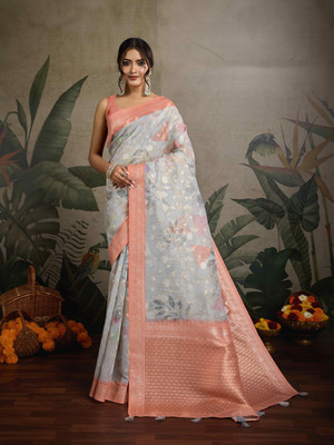 Tasrika Floral Print, Printed Banarasi Pure Cotton Saree(Grey)