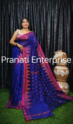 PRANATI ENTERPRISE Temple Border Tant Cotton Silk Saree(Dark Blue)