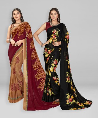 kashvi sarees Printed, Paisley, Ombre, Striped, Geometric Print, Animal Print, Floral Print, Checkered Daily Wear Georgette Saree(Pack of 2, Brown, Beige)