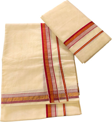 South Weavers Self Design Kasavu Cotton Blend Saree(White)