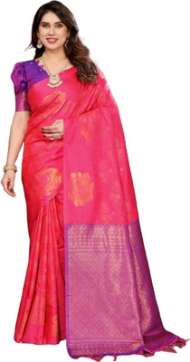 MOON VOGUE Self Design Saree with Attached Blouse Art Silk Saree(Red)
