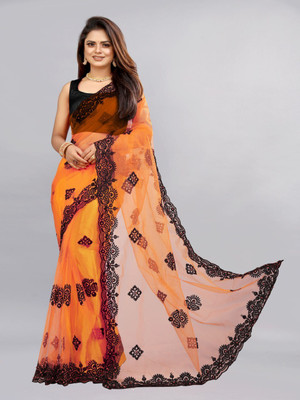 YARA CREATION Embroidered Bollywood Net Saree(Orange)