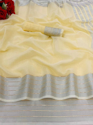 Vikash fab Solid/Plain Kasavu Cotton Linen Saree(Yellow)
