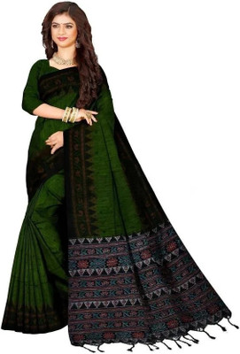 DURGA SAREE MALL Printed Sambalpuri Pure Cotton Saree(Dark Green)