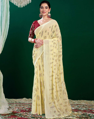 SIRIL Embellished, Printed Bollywood Georgette Saree(Yellow)