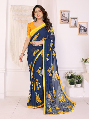 Anand Sarees Floral Print Saree with Attached Blouse Georgette, Lace Saree(Dark Blue, Yellow)