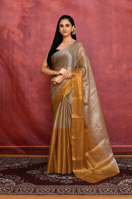 Shree by Debjanidhar Solid/Plain Handloom Tissue Saree(Yellow, Gold)
