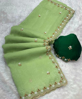 KanjiQueen Self Design, Embellished, Embroidered Saree with Attached Blouse Chiffon, Silk Blend Saree(Light Green, Dark Green)