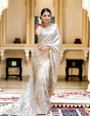ROOP LAVANYA Woven Banarasi Jacquard, Art Silk Saree(White)