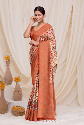 Dharmata Enterprise Digital Print Banarasi Tussar Silk Saree(Brown)