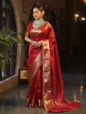 sayeed fabric Solid/Plain Banarasi Tissue Saree(Red)