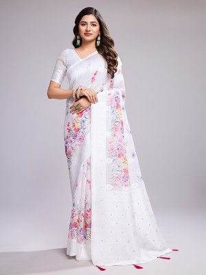 SHRIMAY Floral Print Bollywood Pure Silk Saree(Multicolor, White)