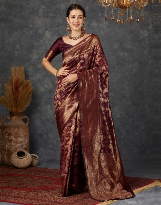 Samah Woven, Self Design Banarasi Art Silk Saree(Maroon, Gold)