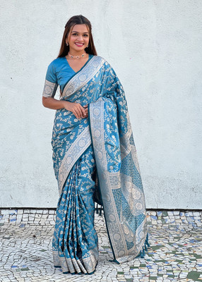 SUDIPTA Printed Banarasi Satin, Silk Blend Saree(Light Blue)