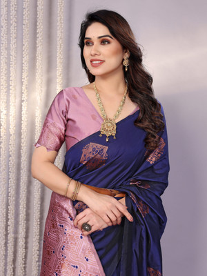 supremesarees Solid/Plain Banarasi Organza Saree(Dark Blue)