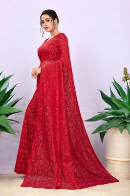 NORAFLEX Embroidered Bollywood Net Saree(Red)
