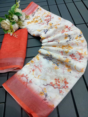 PRTRENDZ Printed Kanjivaram Linen, Cotton Linen Saree(Multicolor)