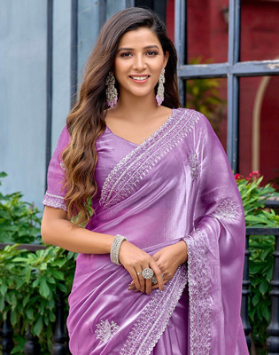 Satrani Embellished, Embroidered Bollywood Tissue Saree(Purple)