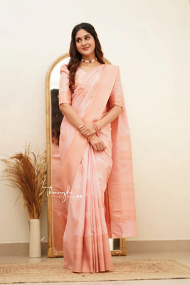 KRISHU ETHNICS Applique Banarasi Art Silk Saree(Beige)
