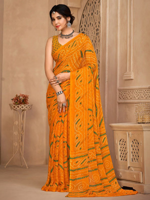ANOUK Printed Bandhani Chiffon Saree(Yellow)